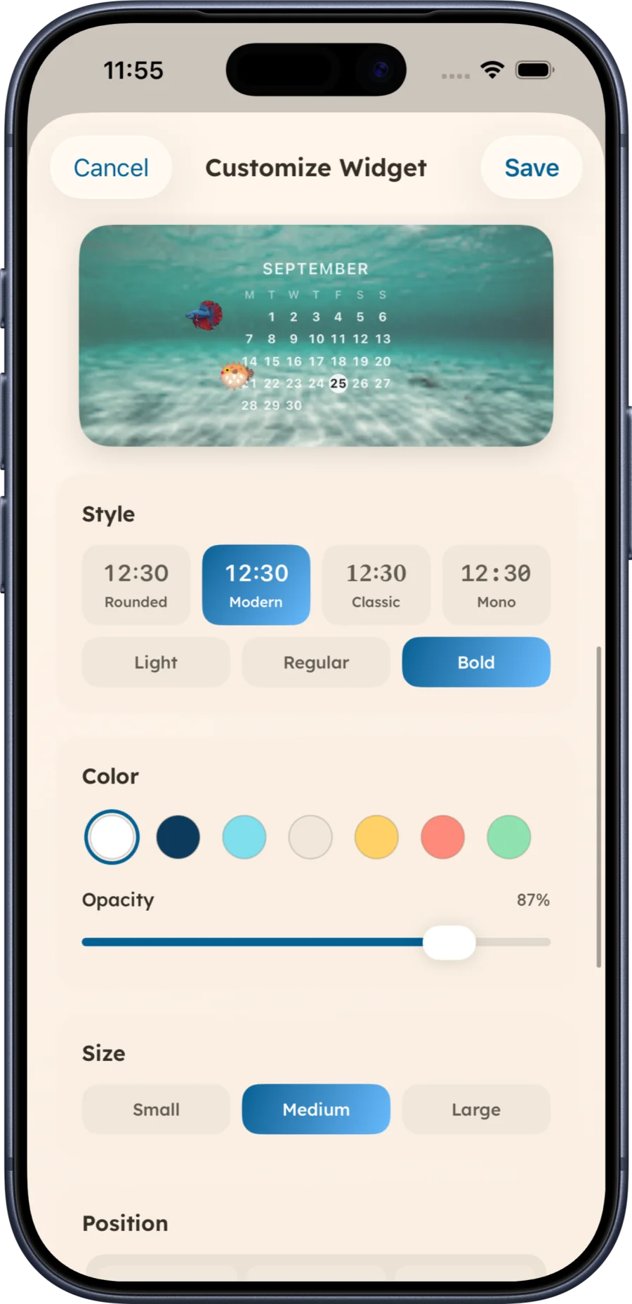 Aquarium Widgets editor showing a month calendar over an aquarium with fish and customization controls