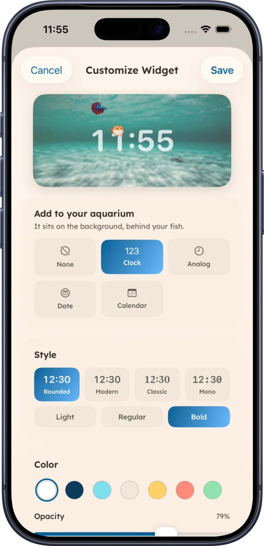 Aquarium Widgets editor showing a digital clock behind fish and choices for an analog clock, date or calendar